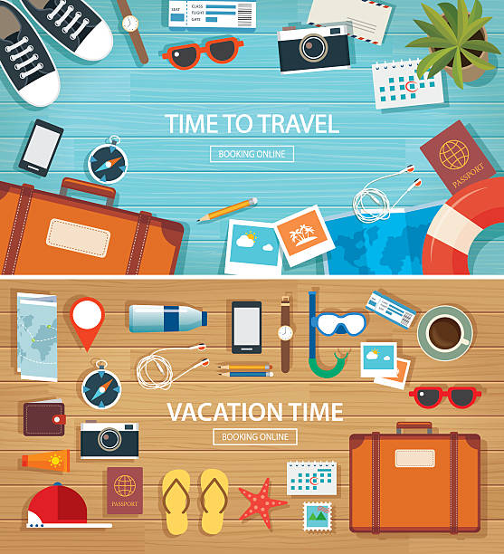 шаблон фона плоский баннер летом и путешествия - beach suitcase vacations summer stock illustrations