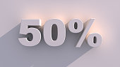 White fifty percent off. Discount 50%. 3D illustration.