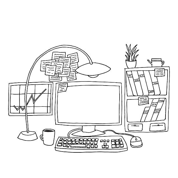 Office table with computer vector art illustration