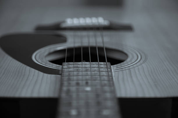 istock Guitar Strings, close up. Acoustic guitar. Black and white 542795328