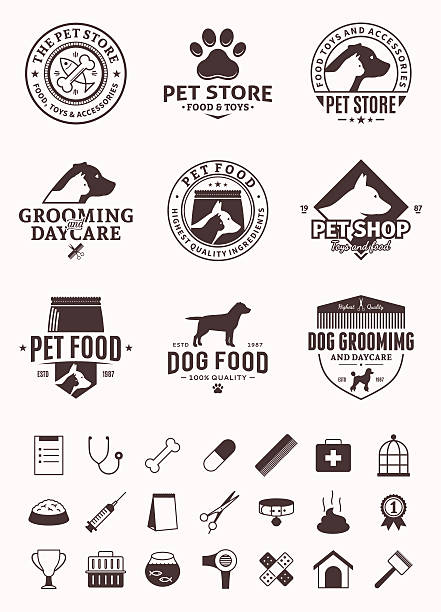 ilustraciones, imágenes clip art, dibujos animados e iconos de stock de mascotas conjunto de vector de de etiquetas, iconos y elementos de diseño - dog school illustrations