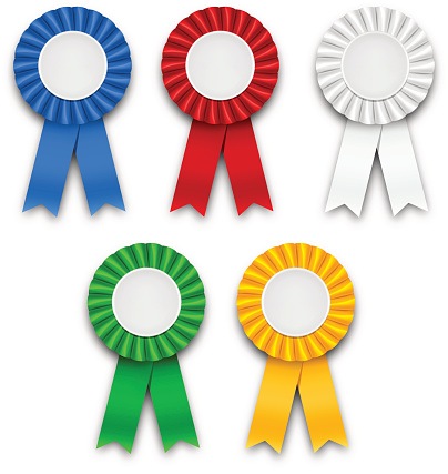 Award ribbons of five colors. Vector illustration. Each element grouped and easy to use. EPS 10 transparency effect.