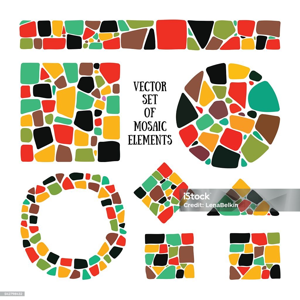 Set of bright Mosaic design elements in different forms. Vector Mosaic circle, square, triangle, border. Bright Mosaic textures for decoration. Mosaic stock vector