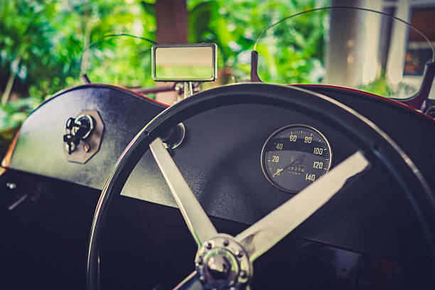 istock Vintage dashboard of a red antique classic car 542799714