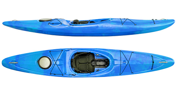 side and top view of crossover kayak (whitewater and river running kayak) isolated on white