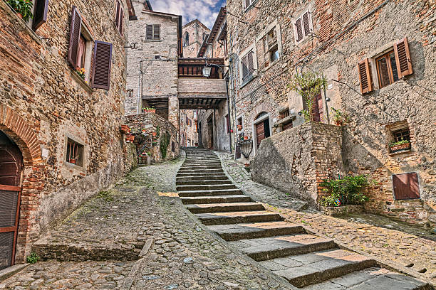 alley in the medieval village Anghiari, Arezzo, Tuscany, Italy stock photo