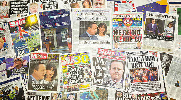 British newspapers reporting Prime Minister David Cameron resigns London, England - June 25, 2016: British newspaper front pages reporting Prime Minister David Cameron resigning after the EU Referendum. brexit stock pictures, royalty-free photos & images