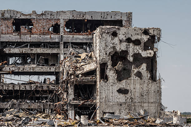 Detail view of donetsk airport ruins Detail view of donetsk airport ruins after massive artillery shelling donets basin photos stock pictures, royalty-free photos & images