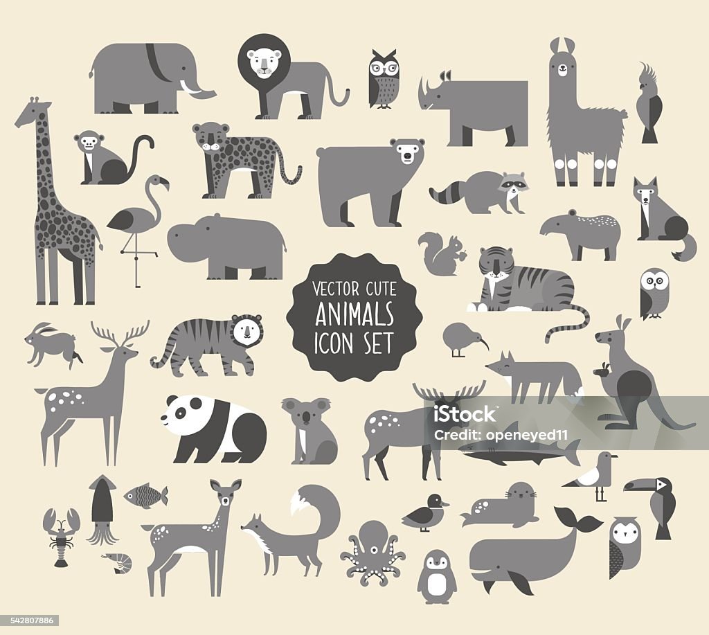 Animal Vector Icon Set. Cute Animal Vector illustration Icon Set. Monochrome Collection of  cartoon animals, birds and sea creatures. Icon Symbol stock vector