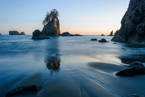 A sunset view of Second Beach and its sea stacks at La Push in Olympic National Park, Washington, USA.
