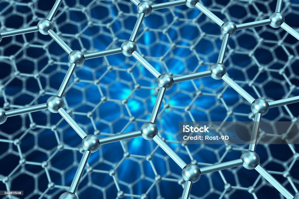Estructura modelo de láminas de grafeno sobre fondo azul. 3d - Foto de stock de Grafeno libre de derechos