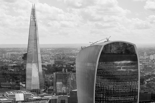 Various skyscrapers in London including The Shard (background), by Renzo Piano, and the Walkie-Talkie in Fenchurch Street.