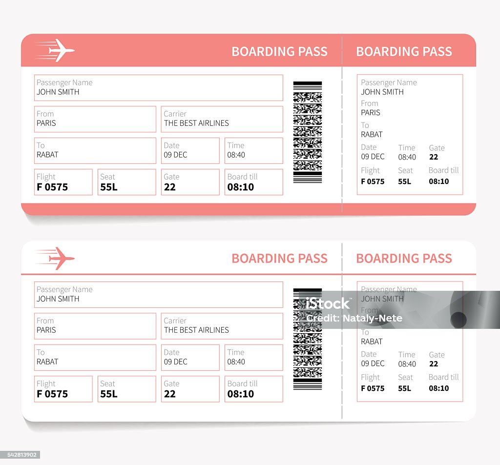 Plane boarding pass Blank plane tickets for romantic trip isolated on white background. Vector illustration Airplane Ticket stock vector