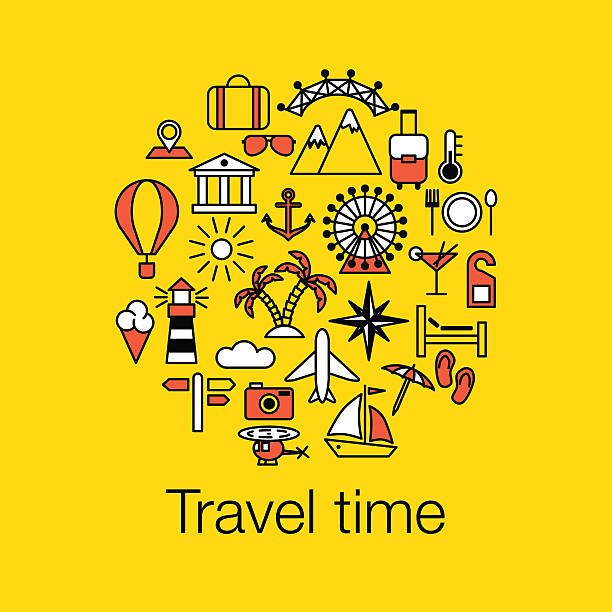 Flat colored outline graphic image concept of Time to Travel Flat colored outline graphic image concept, website elements layout of Time to Travel. Travel time poster with sun, helicopter, mountain, tower, palm tree, island and balloon. Vector illustration helicopter free drawing stock illustrations