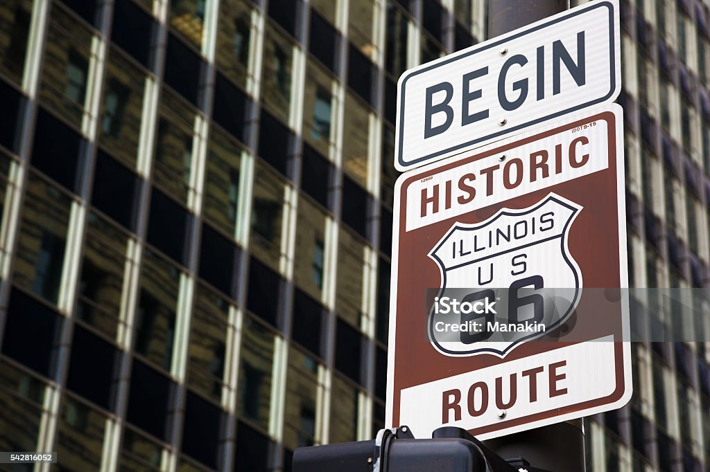 Begin of Route 66 in Chicago Sign announcing the begin of famous Route 66 in Chicago, Illinois. Route 66 Stock Photo