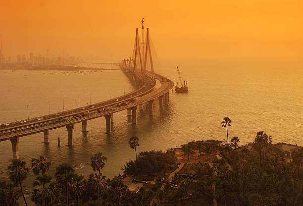 Top angle view of Bandra-Worli Sea Link, Mumbai at  dusk alongside Arabian sea. Copy space