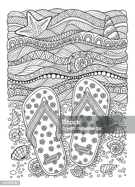 Coloring Book For Adult Sea Beach Slippers Sand And Shell Stock Illustration - Download Image Now