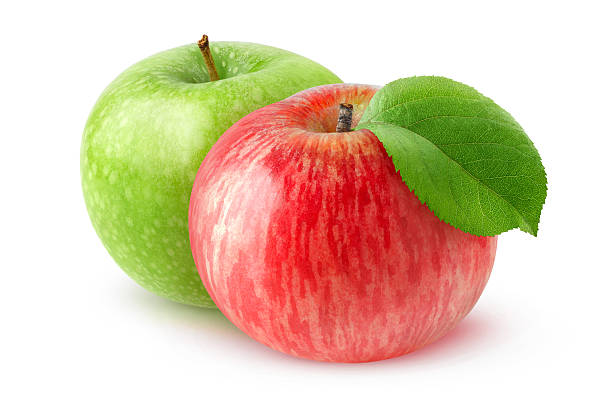 dos manzanas aisladas - apple granny smith apple green leaf fotografías e imágenes de stock