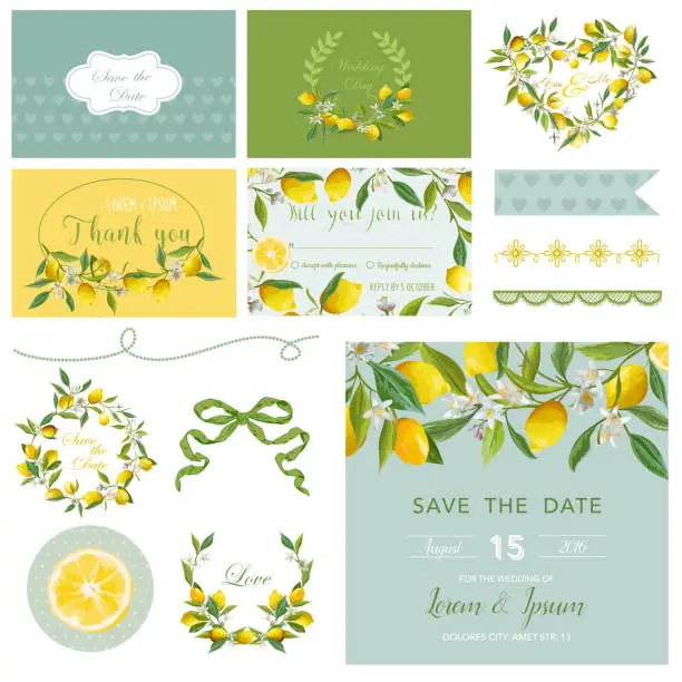 Vector illustration of Scrapbook Design Elements. Wedding Summer Flower Set. Lemon Tags