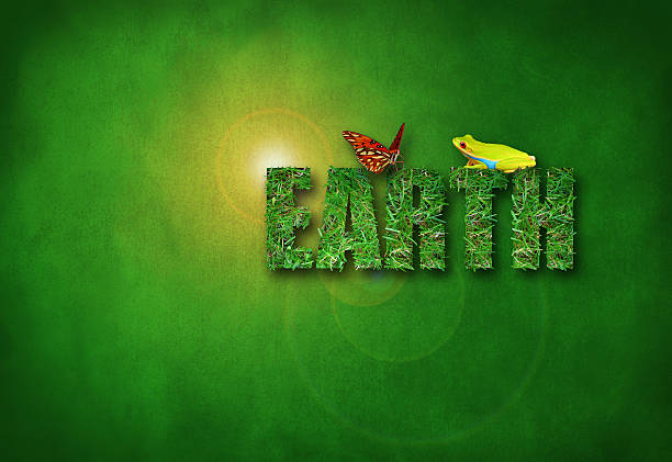EARTH in green grass with a frog and butterfly symbolizing environmental health, peace and harmony with nature and ecology. 