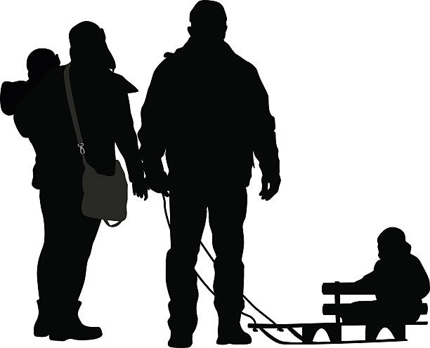 Family Sledding Walk A vector silhouette illustration of a family dressed in heavy winter clothes outside. The mother holds a young child in her arms while the father holds the reigns on a sled riden by another small child. kids snow suits stock illustrations