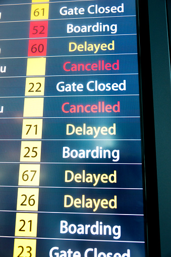 Detailed flight information board showing the flights delayed.