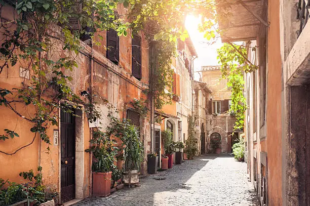 A picturesque street in the historic Trastevere district, Rome, Italy