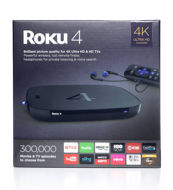Roku 4 Ultra HD box Miami, USA - June 21, 2016: Roku 4 Ultra HD box. Roku brand is owned by ROKU, INC. showtime stock pictures, royalty-free photos & images