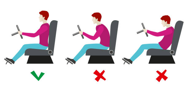 Correct and bad sitting postures for driver. Vector infographics Correct and bad sitting postures for driver. Man sitting on chair correct. Healthy correct pose for driver. Vector illustration infographics posture stock illustrations