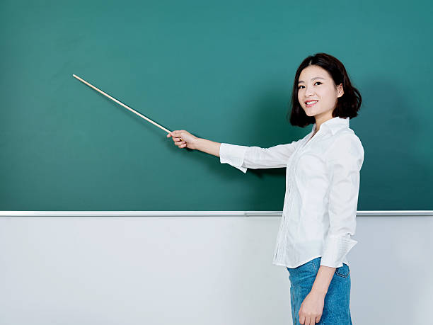 Young female teacher pointing to chalkboard Young female teacher pointing to chalkboard. teacher stick stock pictures, royalty-free photos & images