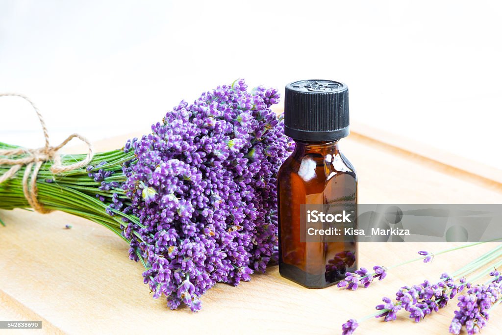 Fresh lavender flowers and oil on wooden background Fresh lavender flowers and bottle of oil on wooden background Aromatherapy Stock Photo