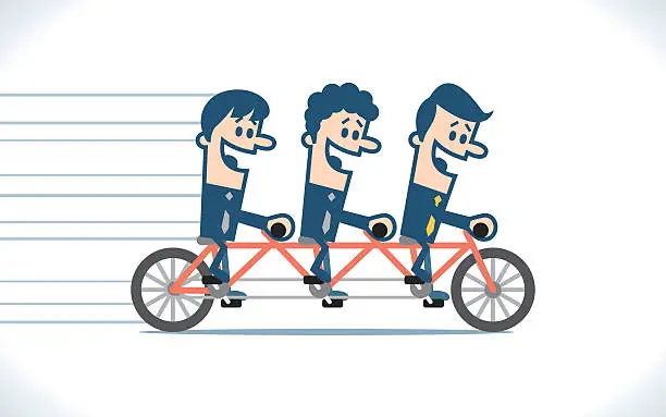 Vector illustration of Three businessman riding tandem bicycle
