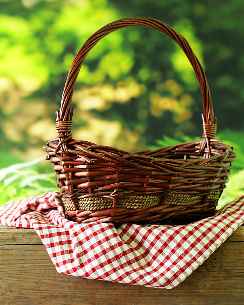istock empty wicker basket and checkered plaid for picnic 542927420