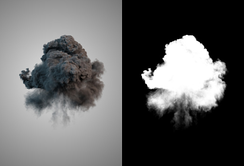 Dangerous and dramatic cloud 3d rendering of black smoke after an explosion with alpha channel