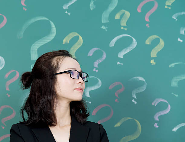 istock Businesswoman with question marks 542928104