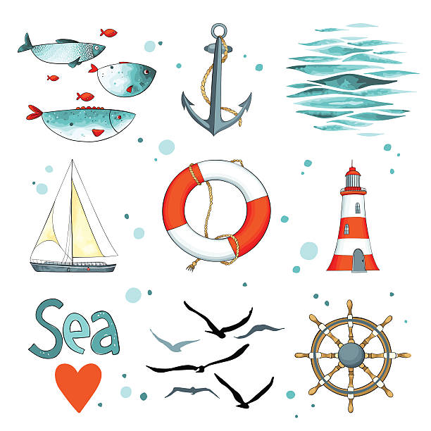 ilustrações, clipart, desenhos animados e ícones de mar conjunto de 9 elementos náutica isolado no branco. - fishing industry fishing nautical vessel buoy