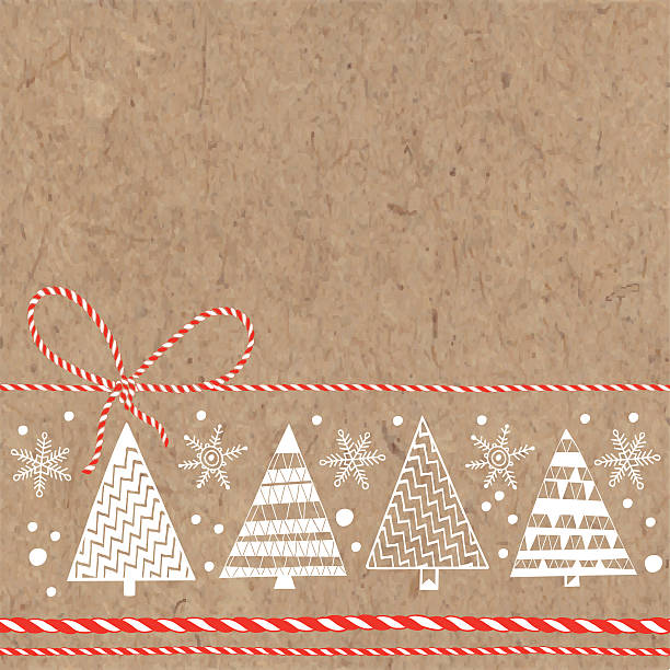 Festive background with Christmas trees and snowflakes on kraft paper. Cartoon Christmas background with space for text. Vector illustration can be greeting cards, invitations, and design element. kraft paper stock illustrations