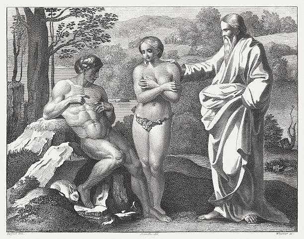 Creation of Eve (Genesis 2), steel engraving, published in 1841 The Creation of Eve (Genesis 2). Steel engraving after the frescoes by Raphael (Italian painter, 1483 - 1520) in the Loggia at the Vatican (Apostolic Palace), published in 1841. adam and eve painting stock illustrations
