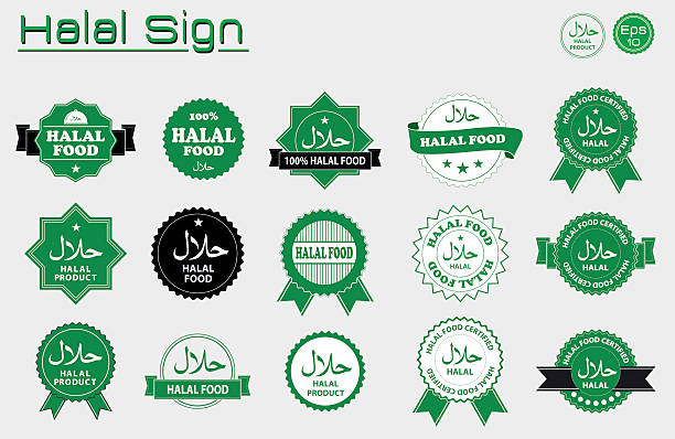 Halal food labels vector set Halal food labels vector set. Badges, logo, tag round, and label design. suitable for banner, flyer, trade mark, and other advertising raw materials.  easy to modify halal stock illustrations