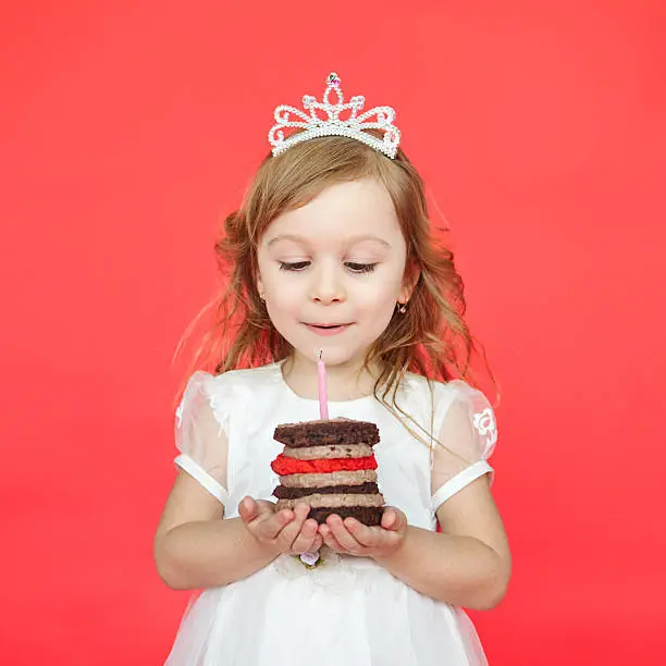 Photo of delighted little girl blowing the candles