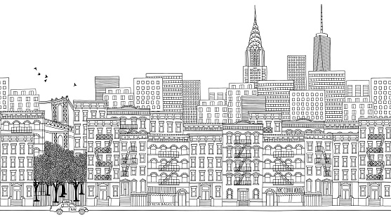 Ink illustration of New York, black and white for adult coloring books