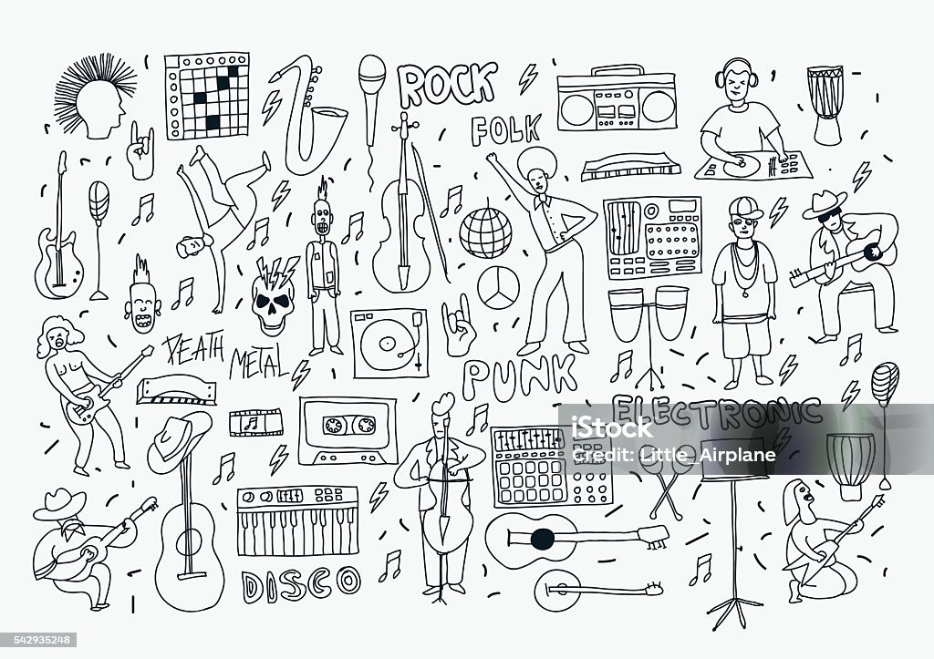 line doodle music Vector hand drawn cartoon icons. Music genres theme. Line black and white doodle icons. Music illustration for textil, paper, polygraphy, game, web design Doodle stock vector