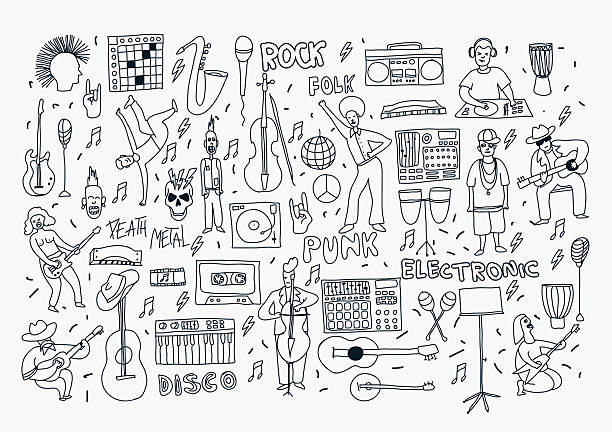 line doodle music Vector hand drawn cartoon icons. Music genres theme. Line black and white doodle icons. Music illustration for textil, paper, polygraphy, game, web design dancing illustrations stock illustrations