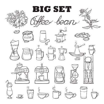 Barista tools set. Equipment for various ways of coffee brewing. Infographics icons. Doodle style pictures. Black sketch isolated on white background. EPS10 vector illustration.