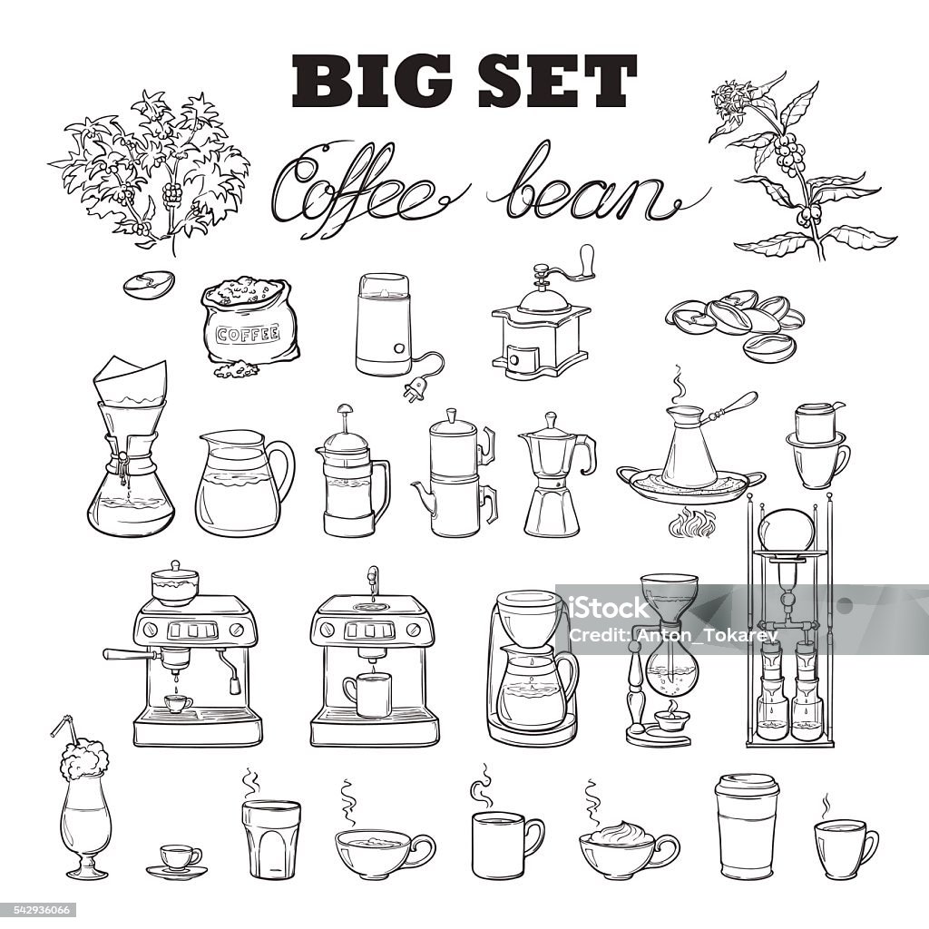 Barista Coffee Tools Set Sketch Style Isolated On White Background
