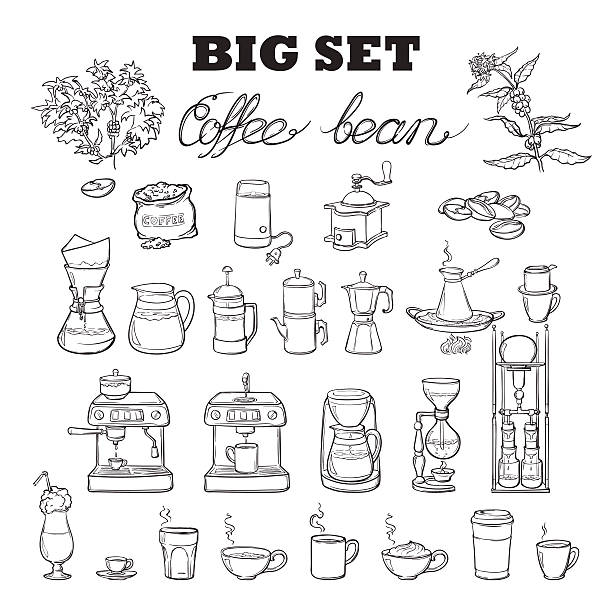 Barista coffee tools set. Sketch style. Isolated on white background. Barista tools set. Equipment for various ways of coffee brewing. Infographics icons. Doodle style pictures. Black sketch isolated on white background. EPS10 vector illustration. doodle stock illustrations