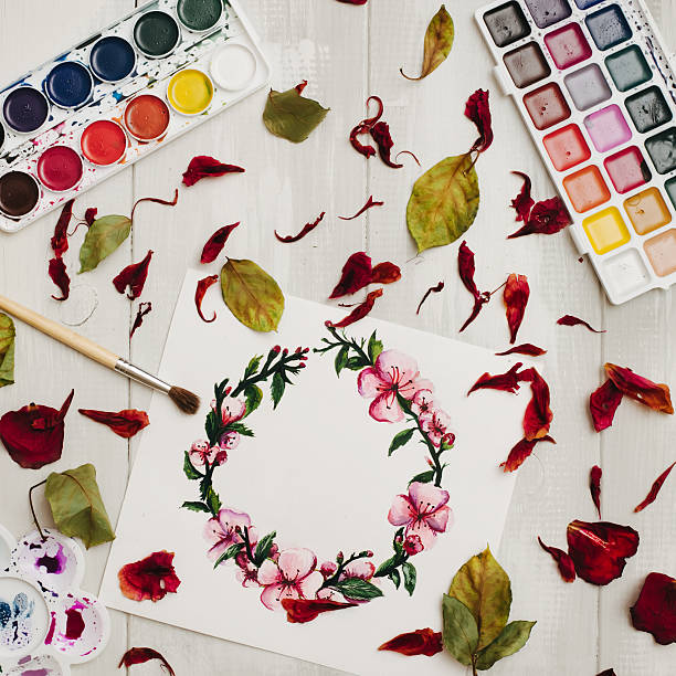 istock Drawing with watercolor. Flat lay, top view, wreath frame 542938206