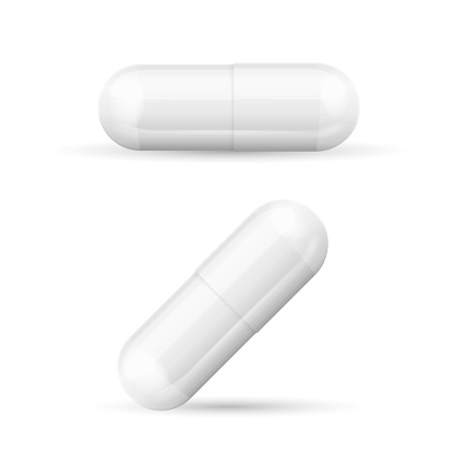 White Template Pills Capsules Isolated on White Background. Ready for Your Design. Vector illustration