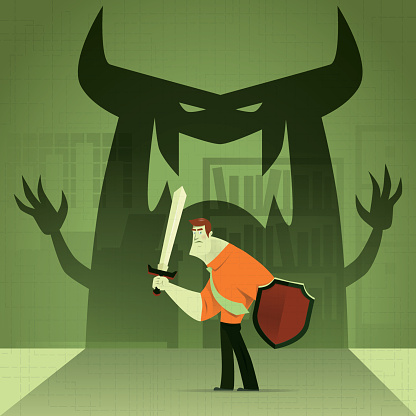 vector illustration of businessman defending monster…