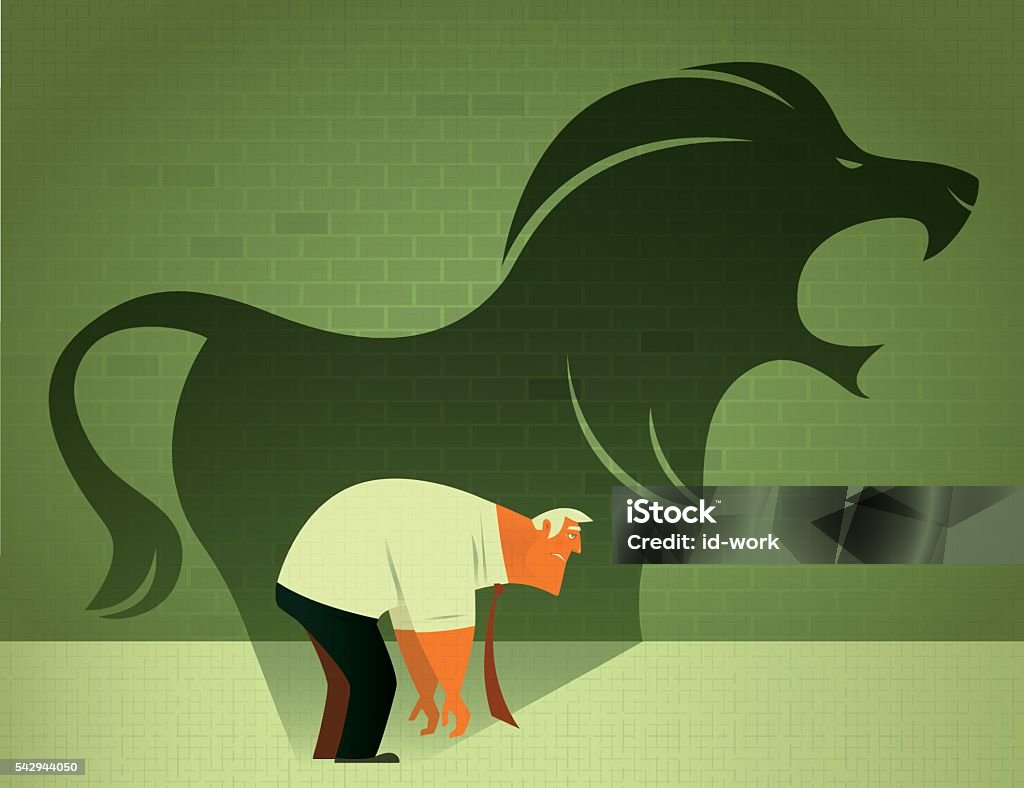 sad businessman with angry lion shadow vector illustration of sad businessman with roaring lion shadow… Lion - Feline stock vector